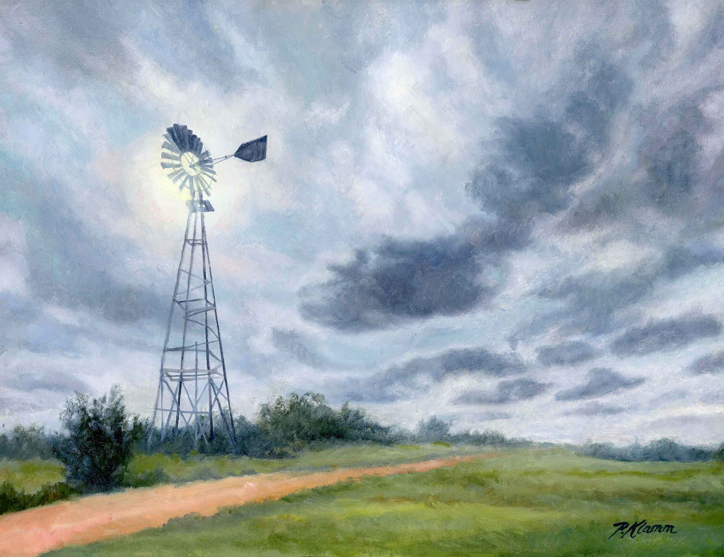Mostly Cloudy, Windmill Original Small Landscape Oil Painting 9 x 12