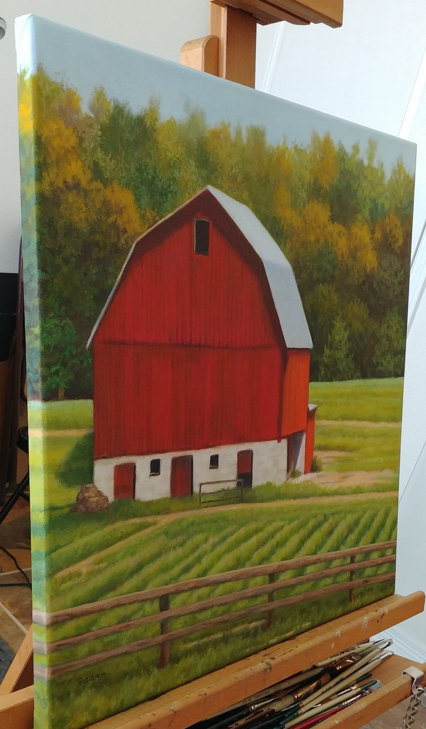 The Red Barn, Original Landscape Oil Painting 16 x 16