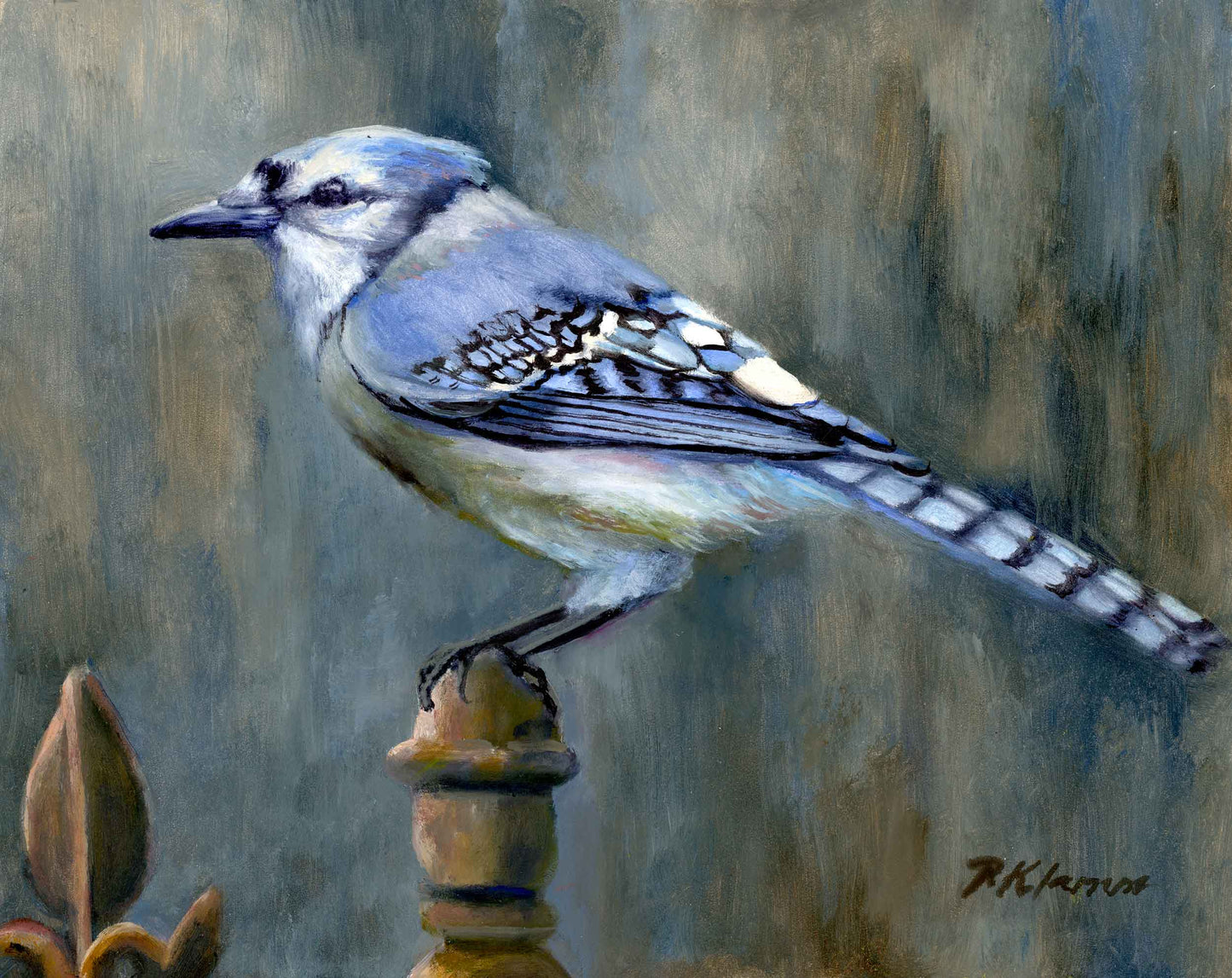 Print of a blue jay bird perched on a branch with a textured blue/brown background.