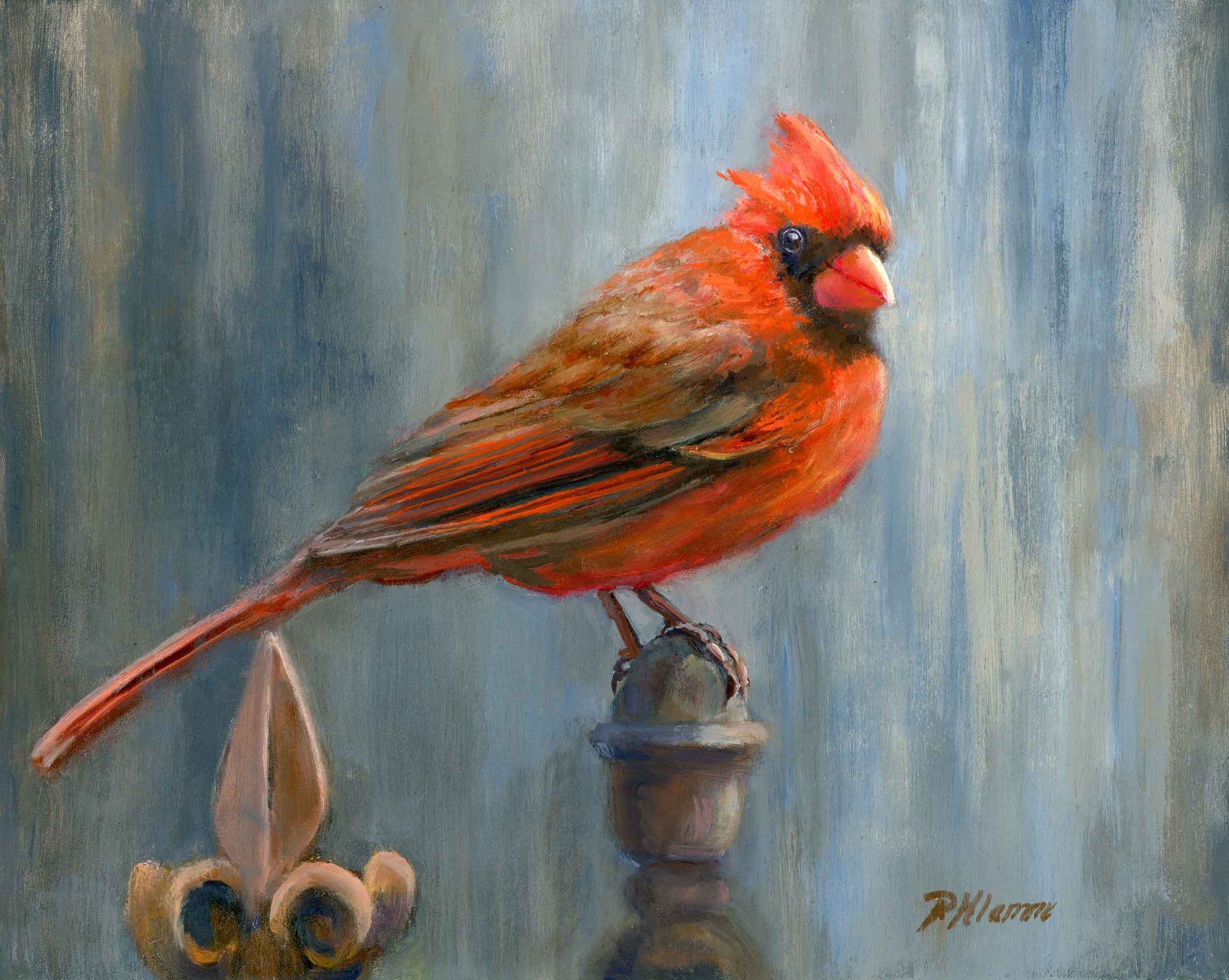 Print of a red cardinal bird perched on a decorative metal post with a textured blue background.