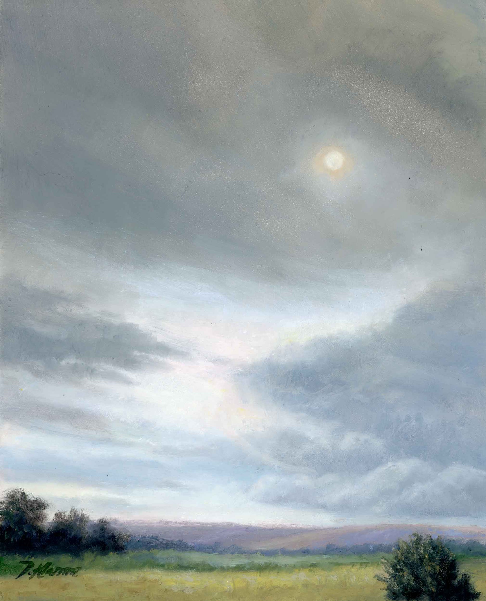 Painting of a landscape with a cloudy sky and cloud covered sun