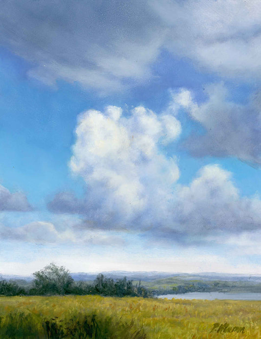 Clouds and Lake, Original Small Landscape Oil Painting 8 x 10