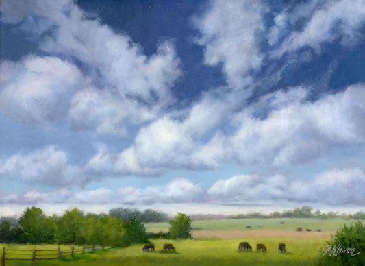 Clouds over the Pasture, Original Small Landscape Oil Painting 9 x 12