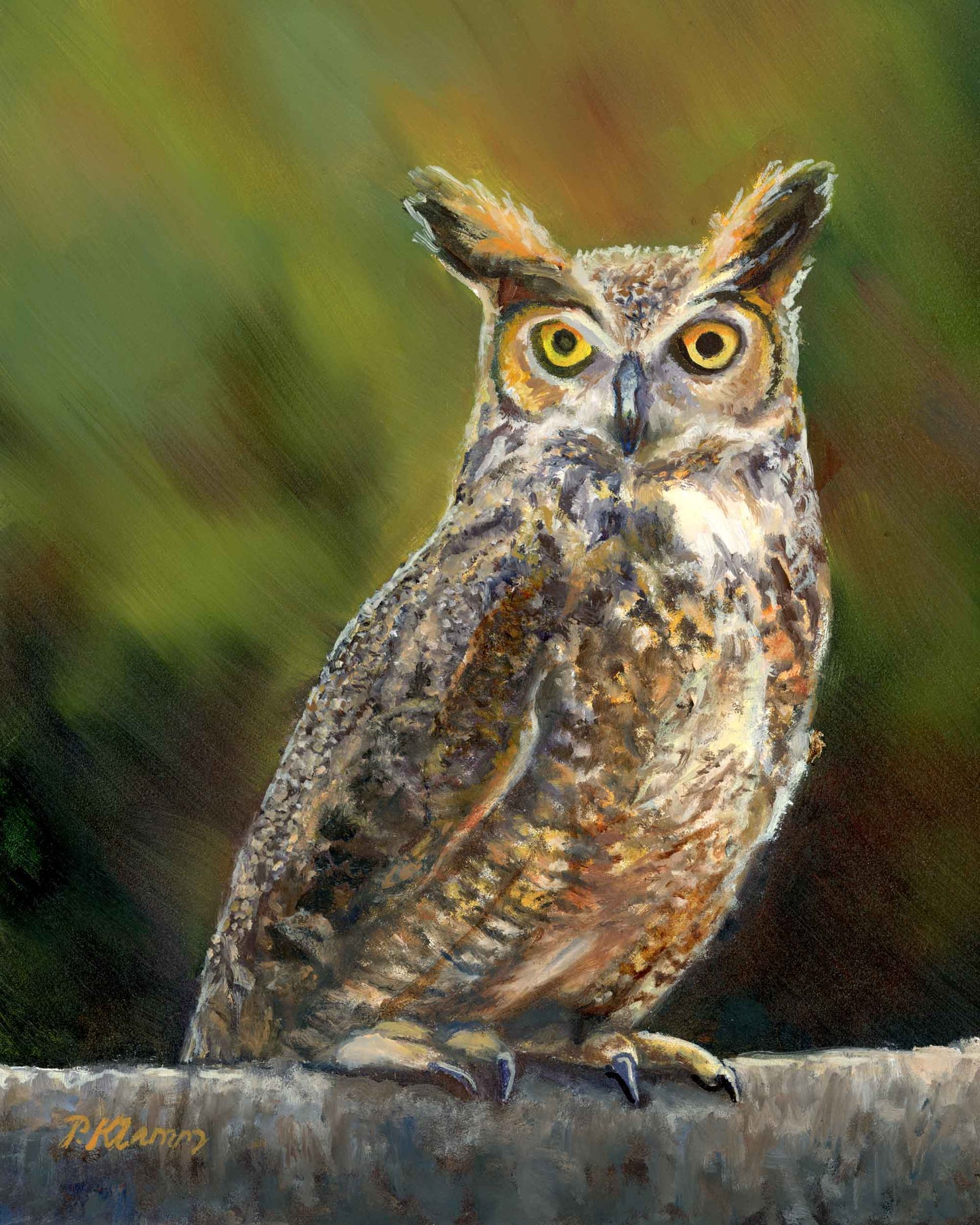 Painting/Print of a horned owl perched on a branch with a textured natural background