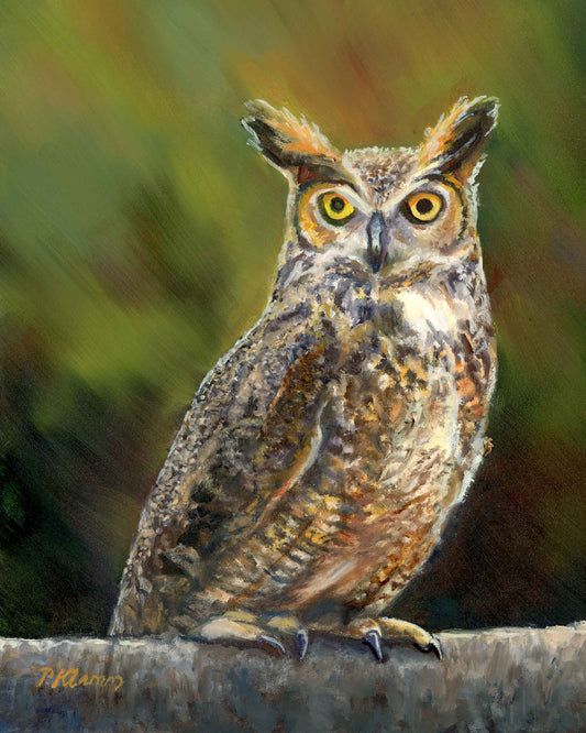 Painting/Print of a horned owl perched on a branch with a textured natural background