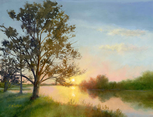 Lake's Last Light, Original Sunset Small Landscape Oil Painting 9 x 12