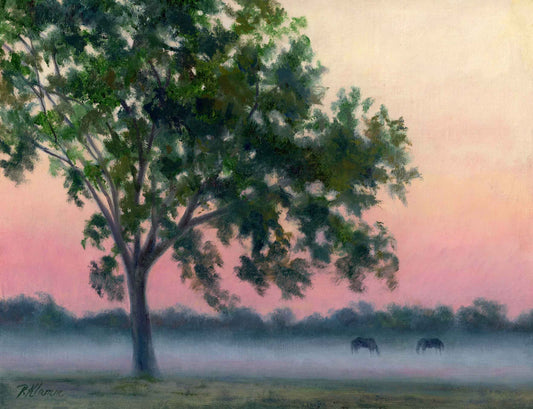 Misty Fields, Sunrise Original Small Landscape Oil Painting 9 x 12