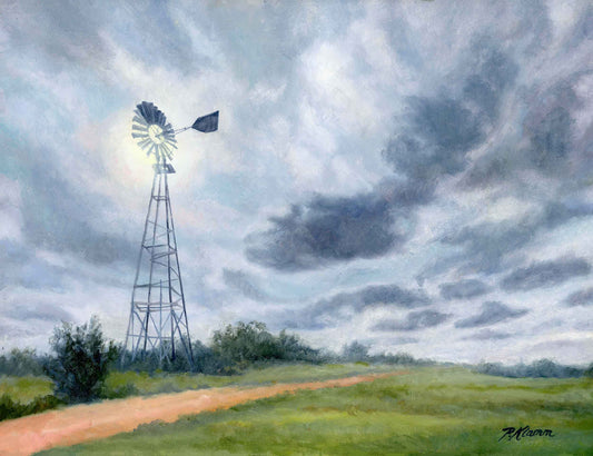 Mostly Cloudy, Windmill Original Small Landscape Oil Painting 9 x 12