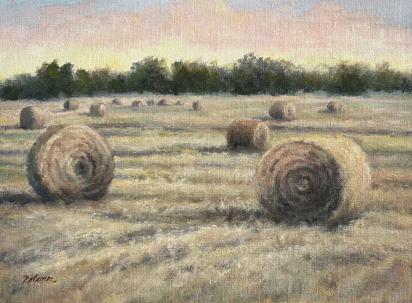 Hay Bales at Sunset, Original Small Landscape Oil Painting 9 x 12