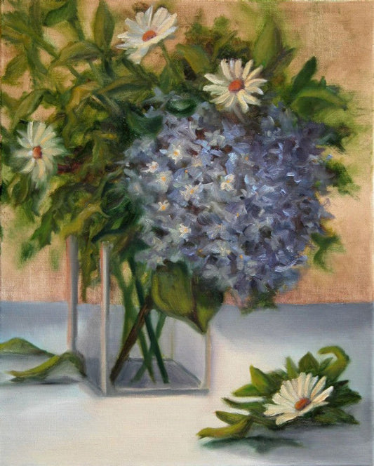 Hydrangea and Daisies, Original Floral Oil Painting 20 x 16