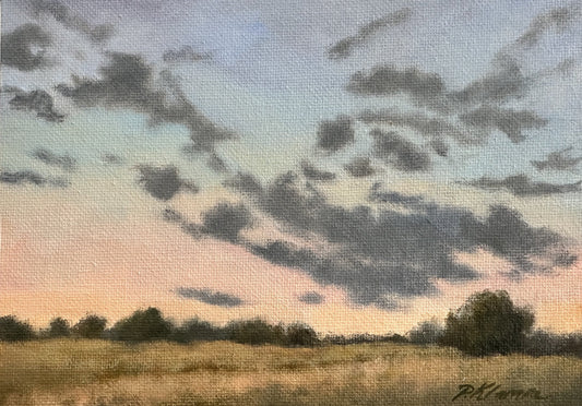 Pink and Blue Sky, Original Small Landscape Painting 5 x 7 Unframed