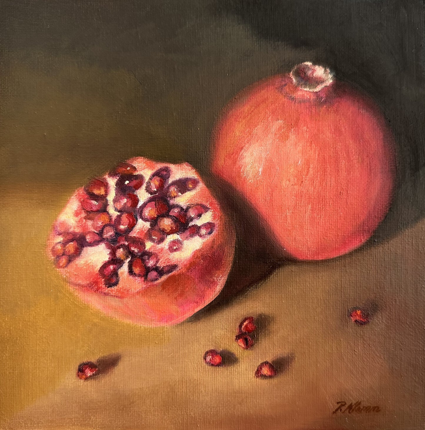 Pomegranates, Original Small Painting 8 x 8 Framed