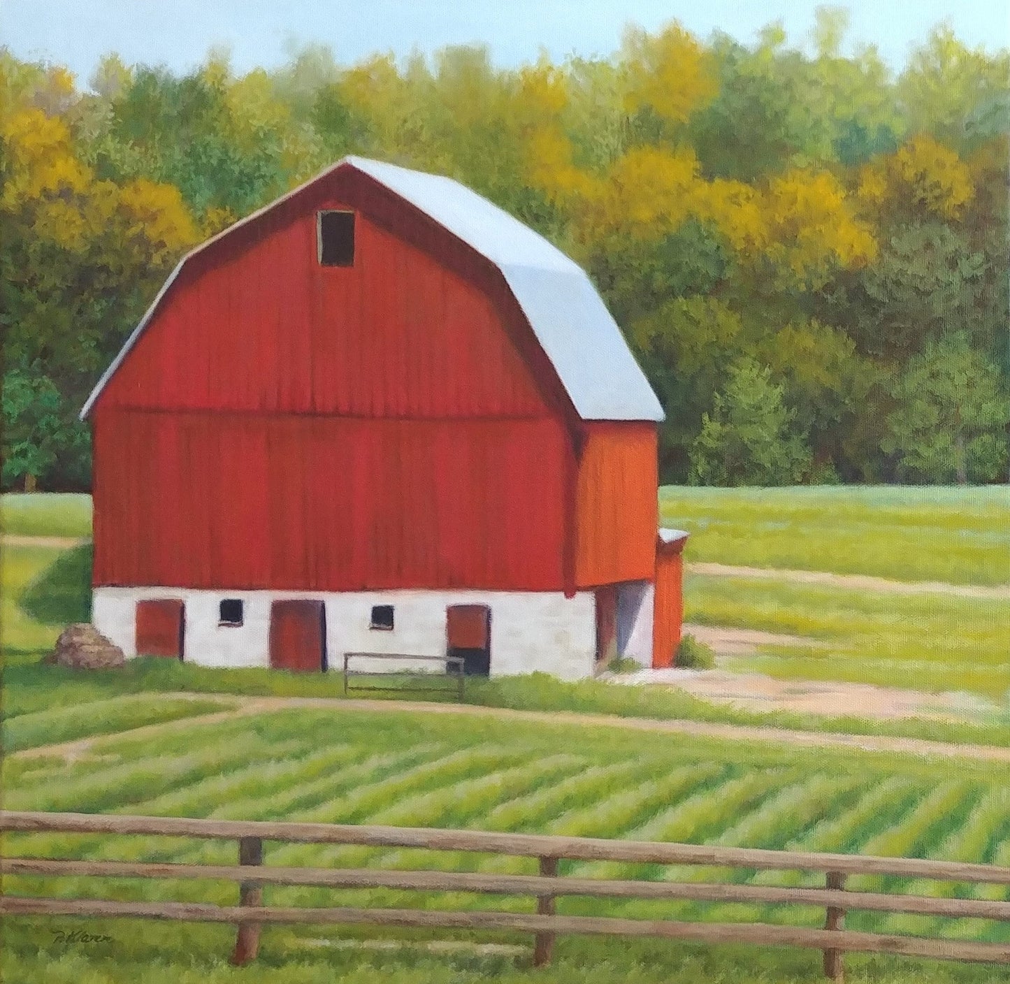 The Red Barn, Original Landscape Oil Painting 16 x 16