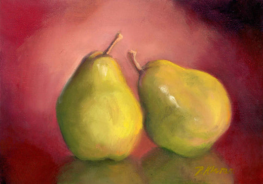 Pears X 2, Original Small Still Life Painting 5 x 7 Unframed