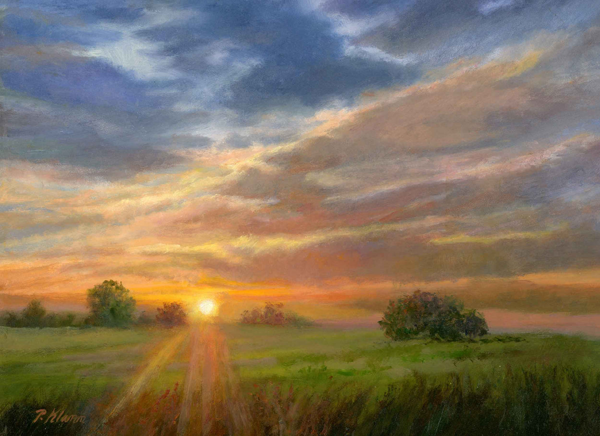 Red Sky Sunset, Original Small Landscape Oil Painting 9 x 12