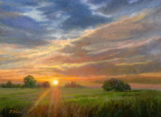Red Sky Sunset, Original Small Landscape Oil Painting 9 x 12