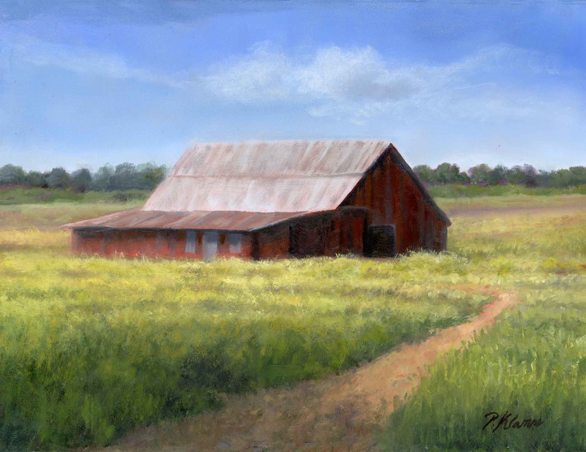 Oil painting o red barn surrounded by summer fields