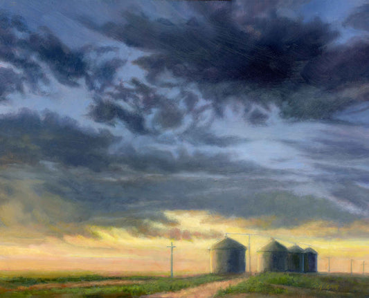 Sunset Silos, Original Landscape Oil Painting 11 x 14