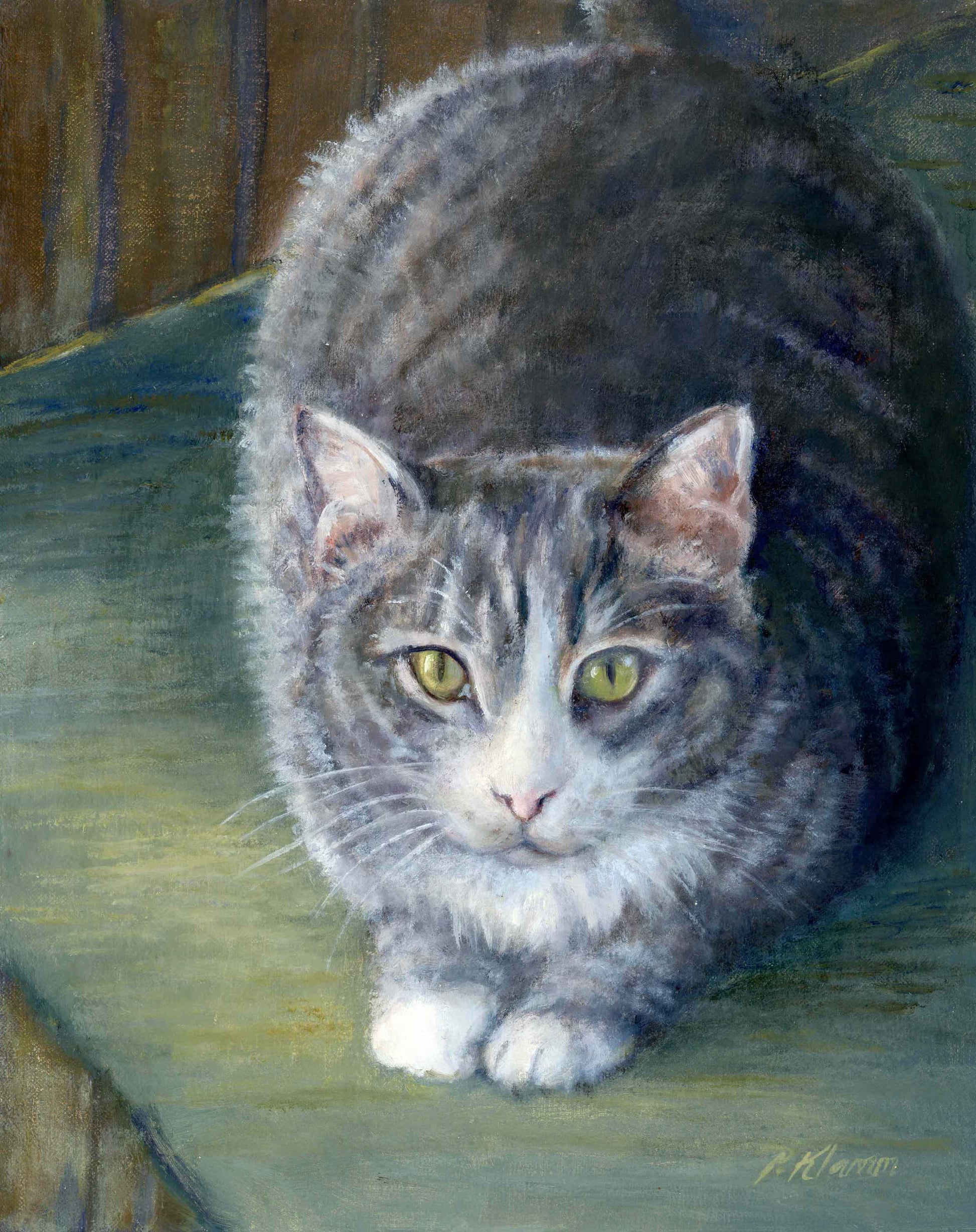 Painting /Print of a gray tabby cat with green eyes on a textured surface.