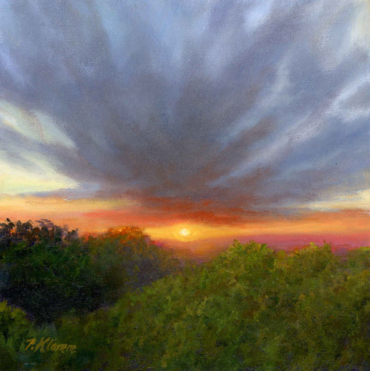 The Scenic View, Original Small Sunset Landscape Oil Painting 8 x 8