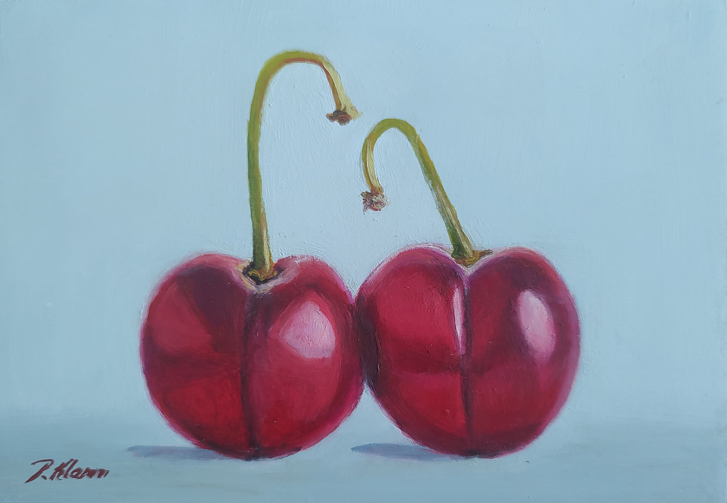 Two of a Kind - Cherries, Original Small Painting 5 x 7 Cradled Panel