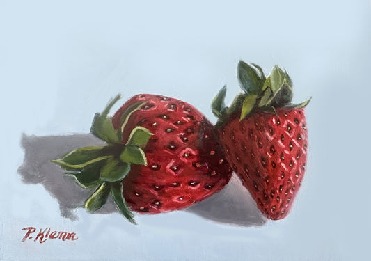 Two of a Kind - Strawberries, Original Small Painting 5 x 7 Cradled Panel