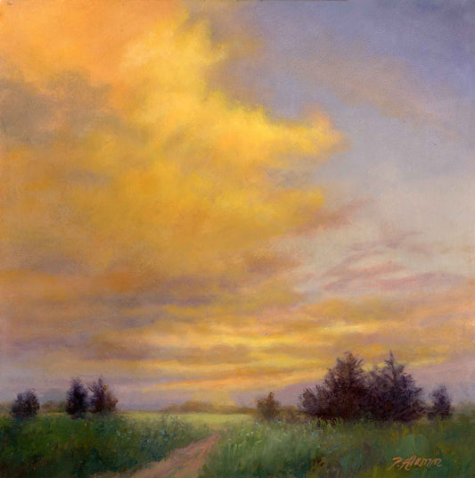 Under the Golden Sky, Original Small Landscape Oil Painting 12 x 12